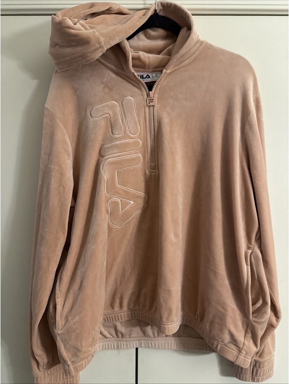 FILA Velour Hoodie Women XXL Pink Quarter Zip Mock Neck Pullover Sweatshirt